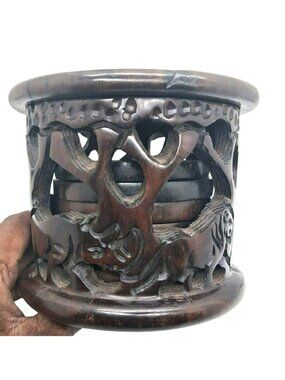 African Wildlife Ironwood Carved Coaster Set Safari Animals Rhino Lion Heavy